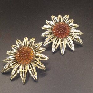 Vintage Sarah Coventry signed Clip Earrings Acrylic gold tone metal